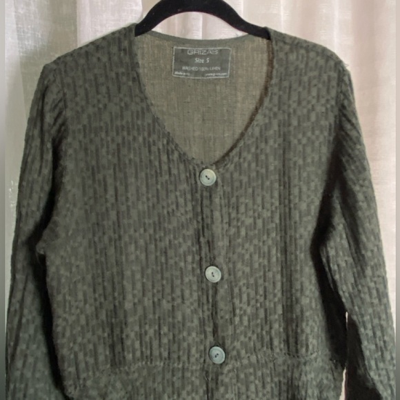 GRIZAS Crinkled Flared Hem Dress / Jacket Linen Cotton Blend Forest Green Small - Picture 4 of 13